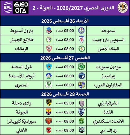 مواعيد مباريات الجولة الثانية في الدوري المصري 2026-2027 والقنوات الناقلة